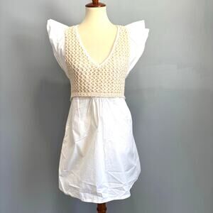 Zara Cottagecore Crochet Knit Mini Dress White Ruffle Sleeve Coastal Festival M